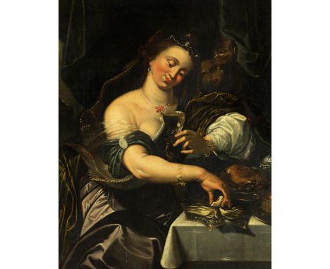 Abraham Janssens, 1575 Antwerpen - 1632 ebenda, zug.PORTRAIT EINER DAME MIT WEINGLAS UND AFFENÖl auf Leinwand. Doubliert.108 