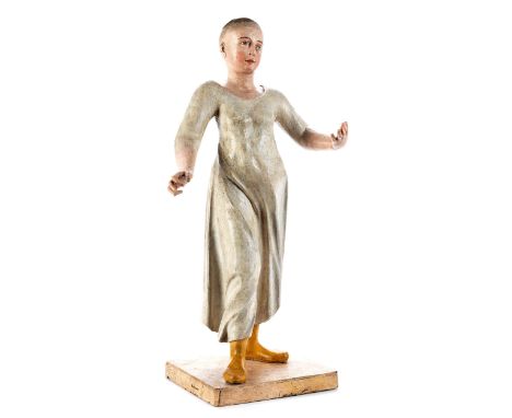 Weibliche Mannequin-FigurHöhe: 52 cm. Italien, Ende 18. Jahrhundert. Holz, geschnitzt. Im Kontrapost auf rechteckiger Sockelp