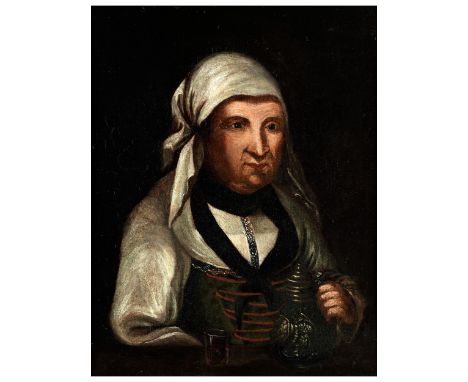 Süddeutscher Maler des 18. JahrhundertsPORTRAIT EINER BÄUERIN30,5 x 24,5 cm. Öl auf Holz.Vor unbestimmtem Hintergrund Hüftpor