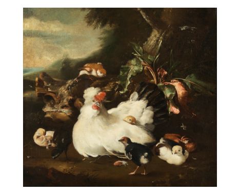 Melchior de Hondecoeter, 1636 Utrecht – 1695 Amsterdam HENNE MIT SIEBEN KÜKEN Öl auf Leinwand. Doubliert.51,5 x 56 cm. 1660er