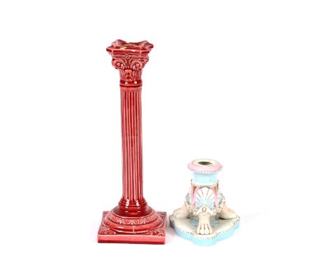 A Burmantofts pink glazed Corinthian&nbsp;column candlestick, 28cm high; and a small KPM porcelain candlestick in the form of