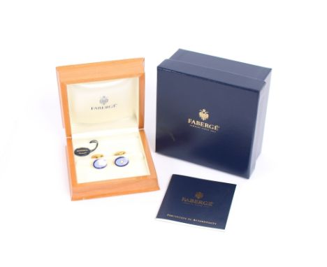 A fine pair of Fabergé cuff-links,&nbsp;in 18ct gold, set diamonds with blue enamel decoration in original box, with certific