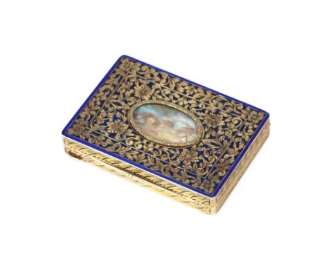 A 19th Century continental yellow metal hinged box, the lid with filigree work and enamel decoration, having central watercol