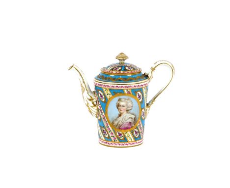 A fine 19th Century Sévres coffee set, decorated with portraits of Marie Antoinette and various courtiers on powder blue grou