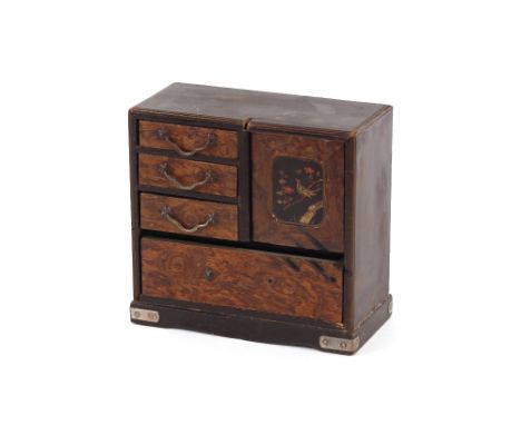 A small Japanese lacquered and parquetry decorated trinket cabinet, 15cm wide x 13.5cm high