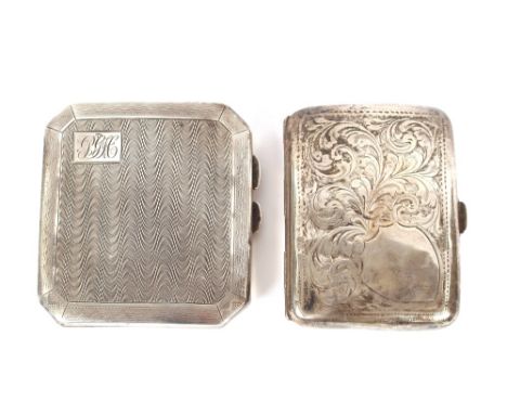 A silver cigarette case, with engine turned decoration; and another similar with foliate decoration, (2)