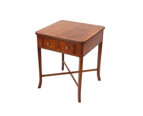 A pair of good quality walnut lamp tables,&nbsp;fitted single drawers and raised on out-swept supports united by cross stretc