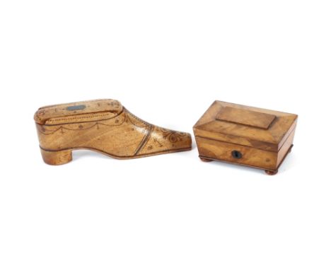 A 19th Century treen shoe snuff box, having minute brass stud decoration and inscribed to the sole J.P.; and a small Regency 