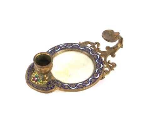 A 19th Century marble and enamel decorated chamber stick, 16.5cm long