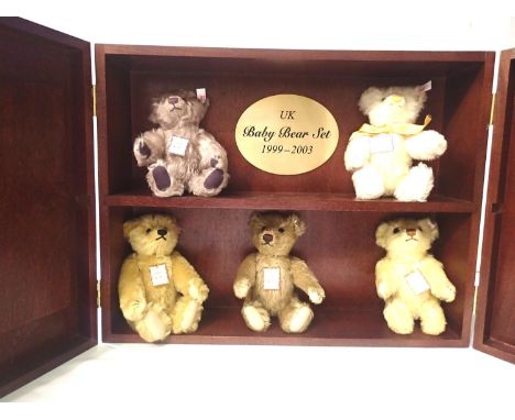 Steiff Bears, set of five UK Baby Bears: 1999 Lilac, 2000 Champagne, 2001 Brass, 2002 replica 1908, 2003 Roaring Twenties, ea