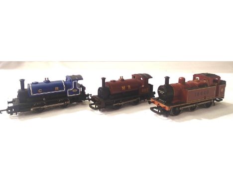 Three Hornby OO scale locomotives, saddle tank C.R Blue, saddle tank M.R Red and Jinty midland red 16440. Good condition and 