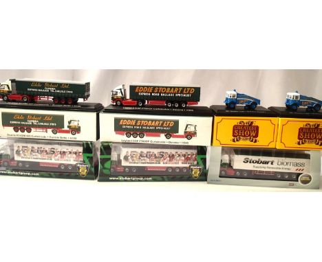 Five Stobart OO scale vehicles; Oxford Scama Highline and Walking Floor, two Scania and Superleague trailers etc. P&amp;P Gro