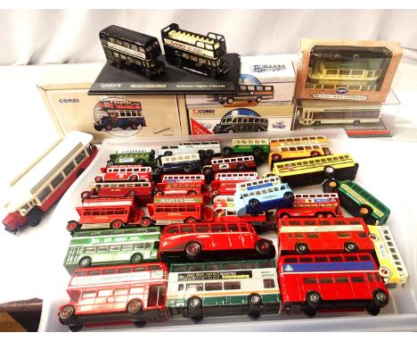 Selection of thirty model buses and trams, five boxed, mostly very good condition. P&amp;P Group 1 (£14+VAT for the first lot
