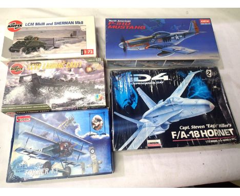 Five plastic kits to include Roden, Airfix and Sherman landing craft. Appear complete and some sealed. P&amp;P Group 1 (£14+V