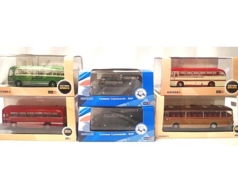 Six 1/72 scale Oxford diecast buses and coaches, including two RAF Commer Commando buses for Yorkshire Air Museum, all as new