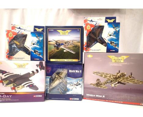 Six Corgi 1/72 scale aircraft, including Mosquito, Mustang, Spitfire, JU87, Heinkel HE111H, mostly boxed. P&amp;P Group 1 (£1
