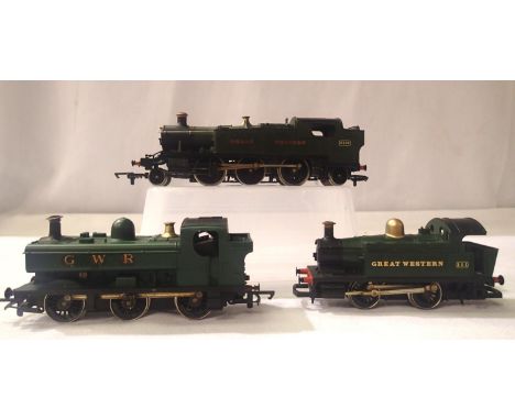 Three G.W.R OO scale locomotives, 0.4.0 tank, Pannier tank and Prairie tank. Mostly good to very good condition, unboxed. P&a