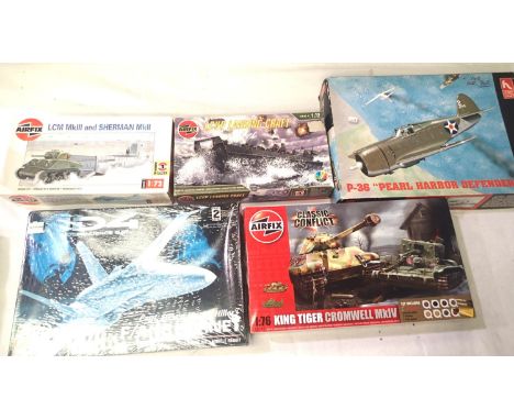 Five plastic kits; Airfix landing craft with Sherman troop landing craft, Tiger Cromwell tanks. Appear complete and untouched