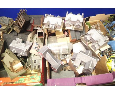 Quantity of model railway buildings, all built, ex layout, card and plastic, trees, fencing accessories etc. P&amp;P Group 1 