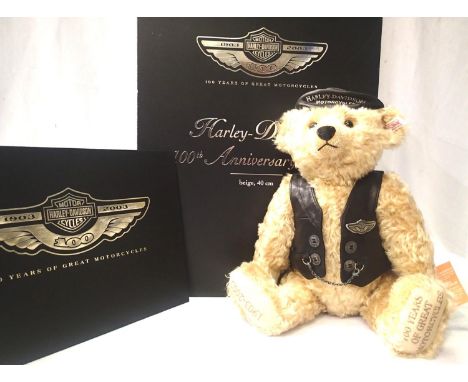 Steiff Bears, Harley Davidson, 100th Anniversary Bear, limited edition 3348/5000, H: 50 cm, boxed, excellent condition. P&amp