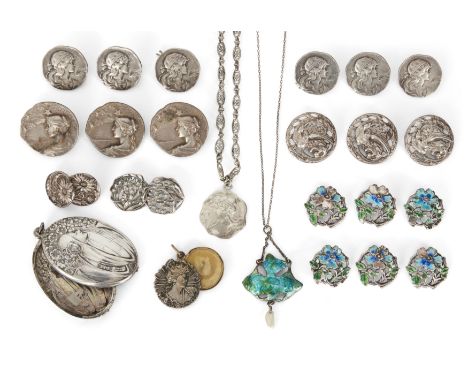 Art Nouveau&nbsp;Group of silver and white metal items, comprising a locket stamped Maple &amp; Co,&nbsp; a necklace with ena