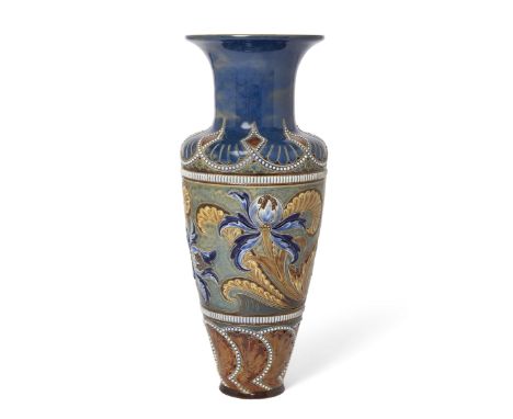 Eliza Simmance (1857-1935) for Doulton Lambeth   Tapered vase with incised foliate and beaded decoration, late 19th century  