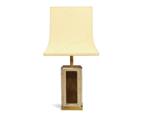 Manner of Maison Jansen Table lamp, circa 1970  Brass, steel, leather  63cm high, 84.5cm high with shade   It is the buyer's 