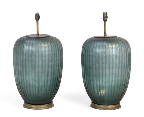 Tyson Pair of contemporary lamp bases retailed by Tyson, London, circa 2010  Engraved glass  62cm high (2)    It is the buyer