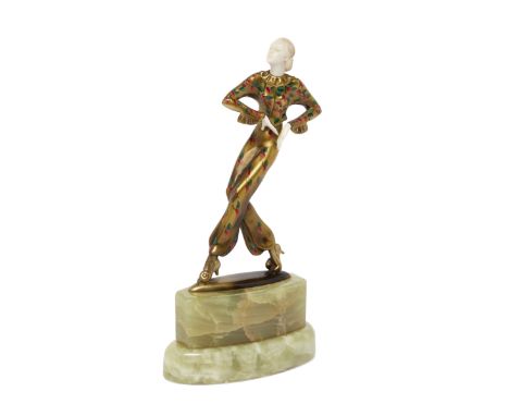 Josef Lorenzl (1892-1950), Model of a Dancer, circa 1925  Cold-painted bronze, ivory, onyx base  20cm highIvory submission re