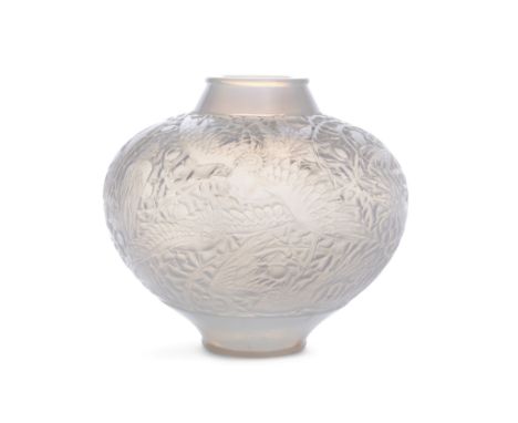 Lalique 'Aras' vase decorated, designed 1924  Opalescent glass  Signed ' R. Lalique, France'  26cm high 