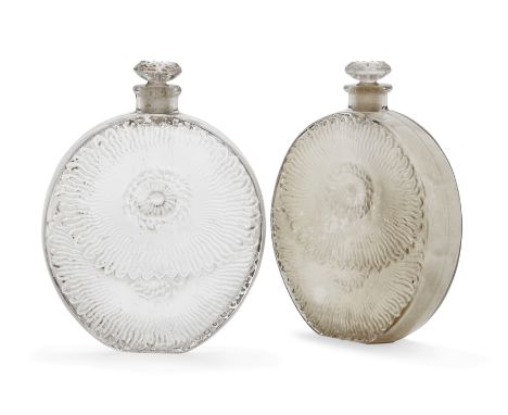 René Lalique (1860-1945) Roger & Gallet - 16, two ‘Pavots d’Argent’ scent bottles, circa 1927  Moulded glass  Moulded marks '