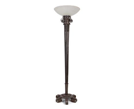 Manner of Paul Kiss   Art Deco floor lamp, circa 1930  Wrought iron, glass  173cm high   It is the buyer's responsibility to 