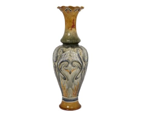 Eliza Simmance (1857-1935) for Doulton Lambeth   Baluster form vase with pierced rim and tube lined foliate decoration, late 