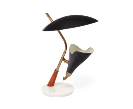 Lumen Desk lamp, circa 1955  Enamelled aluminium, brass, bakelite, marble  38cm high   It is the buyer's responsibility to en