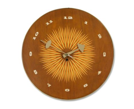 George Nelson & Associates for Howard Miller Clock Company   Model '2236' wall clock, 1957  Lacquered walnut, enameled alumin