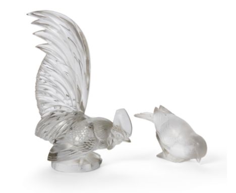 Lalique   'Coq Nain' car mascot together with 'Moineau timide', second half 20th century  Moulded glass  Cast 'R Lalique' and