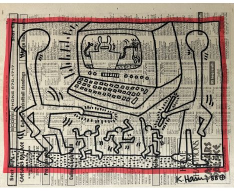 Keith HARING (1958-1990), Attribué. à. Sans titre, 1988 Dessin au marqueur noir et rouge sur une page de papier du journal Ne