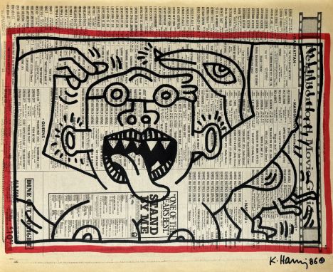 Keith HARING (1958-1990), Attribué. à. Sans titre, 1986 Dessin au marqueur noir et rouge sur une page de papier du journal Ne