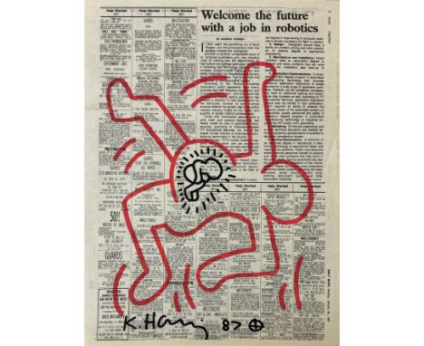 Keith HARING (1958-1990), Attribué. à. Sans titre, 1987 Dessin au marqueur noir et rouge sur une page de papier du journal Da