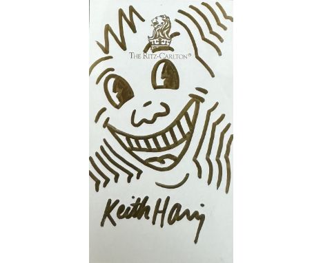 Keith HARING (1958-1990), Attribué à.  Personnage. Dessin à l’encre marqueur doré sur carton de l’Hôtel The Ritz-Carlton.  15