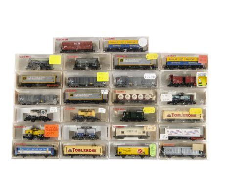 N Gauge Fleischmann Continental Goods Wagons, a cased group including container trucks, tank wagons, coal hoppers and others,
