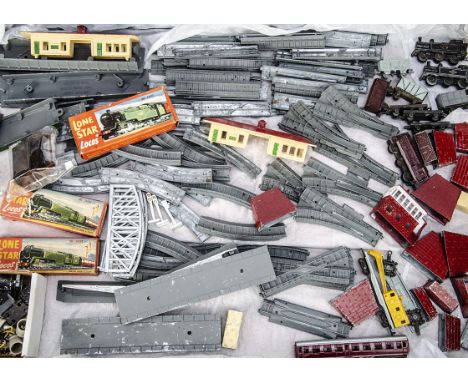 Unboxed Lone Star Locos '000' N gauge push-along Trains,  including two 'Jinty' 0-6-0T locomotives and maroon 0-6-0DS, bogie 