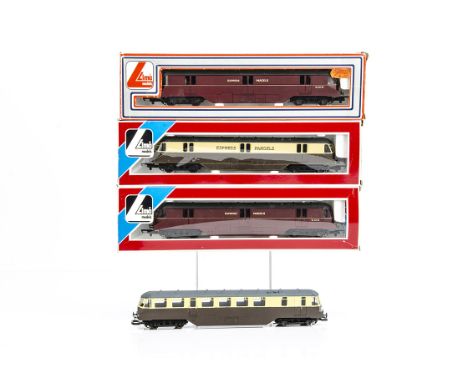 Lima OO Gauge Railcars, three boxed examples 205143MWG No 34 in Express Parcels chocolate and cream livery and 205144MWG W34W