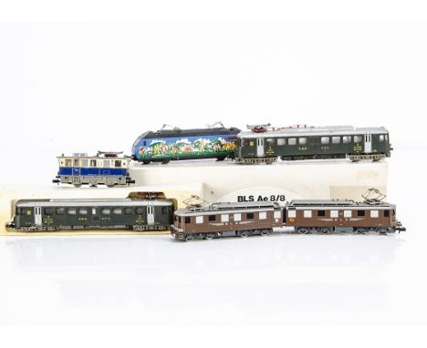 Continental N Gauge Electric Locomotives, five examples  a boxed  Hachh Modell by Arnold  73oo Esslingen Ae 8/8 of the BLS in