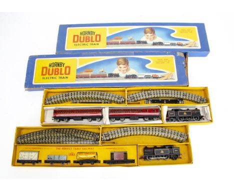 Long-Thin-Boxed Hornby-Dublo 00 gauge 3-rail ref EDP10 and EDG17 BR Steam Train Sets, both with matt black BR 0-6-2 Tank Loco