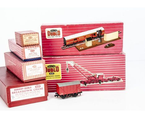 Boxed Hornby-Dublo 00 gauge 2-rail 'Special' Rolling Stock, two ref 4620 Breakdown crane sets, one in matt red finish in plai
