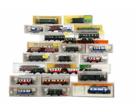 N Gauge Continental Branchline Coaching Stock, various examples Fleischmann blue and white  Eidelweiss Bahn 8053 (2), 8054, (