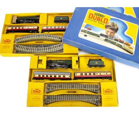 Boxed Hornby-Dublo 00 gauge 3-rail ref EDP15 and EDP22 Steam Passenger Train Sets, EDP15 with matt BR green 'Silver King'  lo