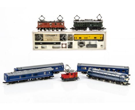 Continental and Japanese N Gauge Electric Locomotives and Coaches, a cased Arnold 4646 overhead wiring locomotive body kit, t