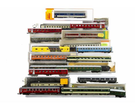 Swiss and Other N Gauge Coaches, SBB including cased blue livery Roco N24466 and uncased Minitrix Fromage Express buffet car 